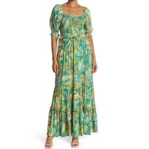 Betsey Johnson - Tropical Leaf Print Smocked Ruffle Tiered Maxi Dress Size XS
